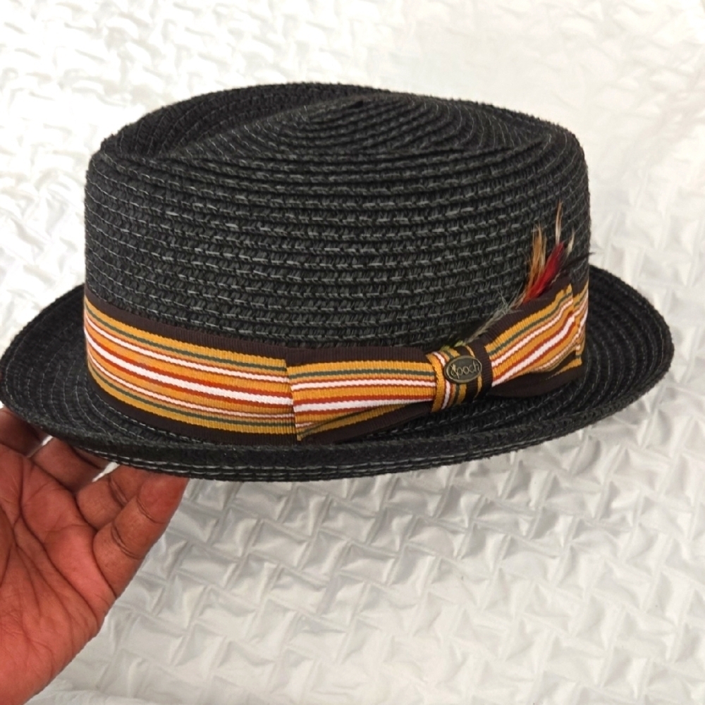 Epoch Men Black Straw Hat with Striped Band Summer Sunhat